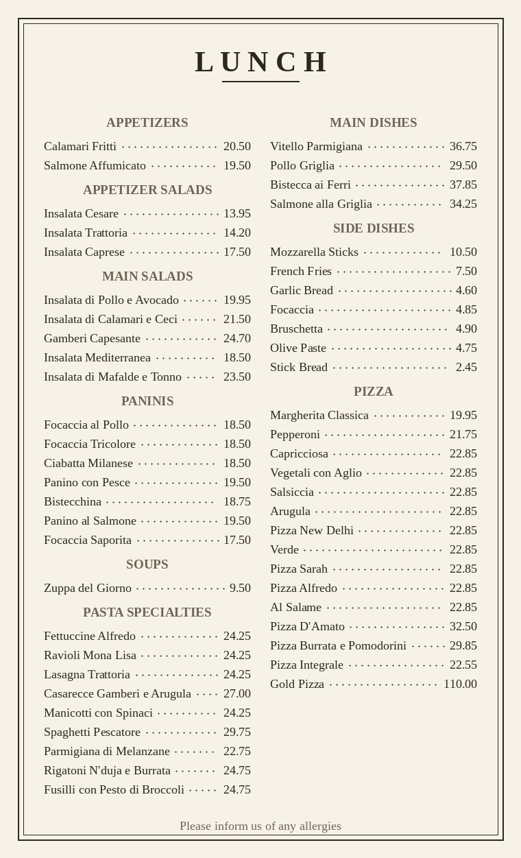 A text-only printed lunch menu