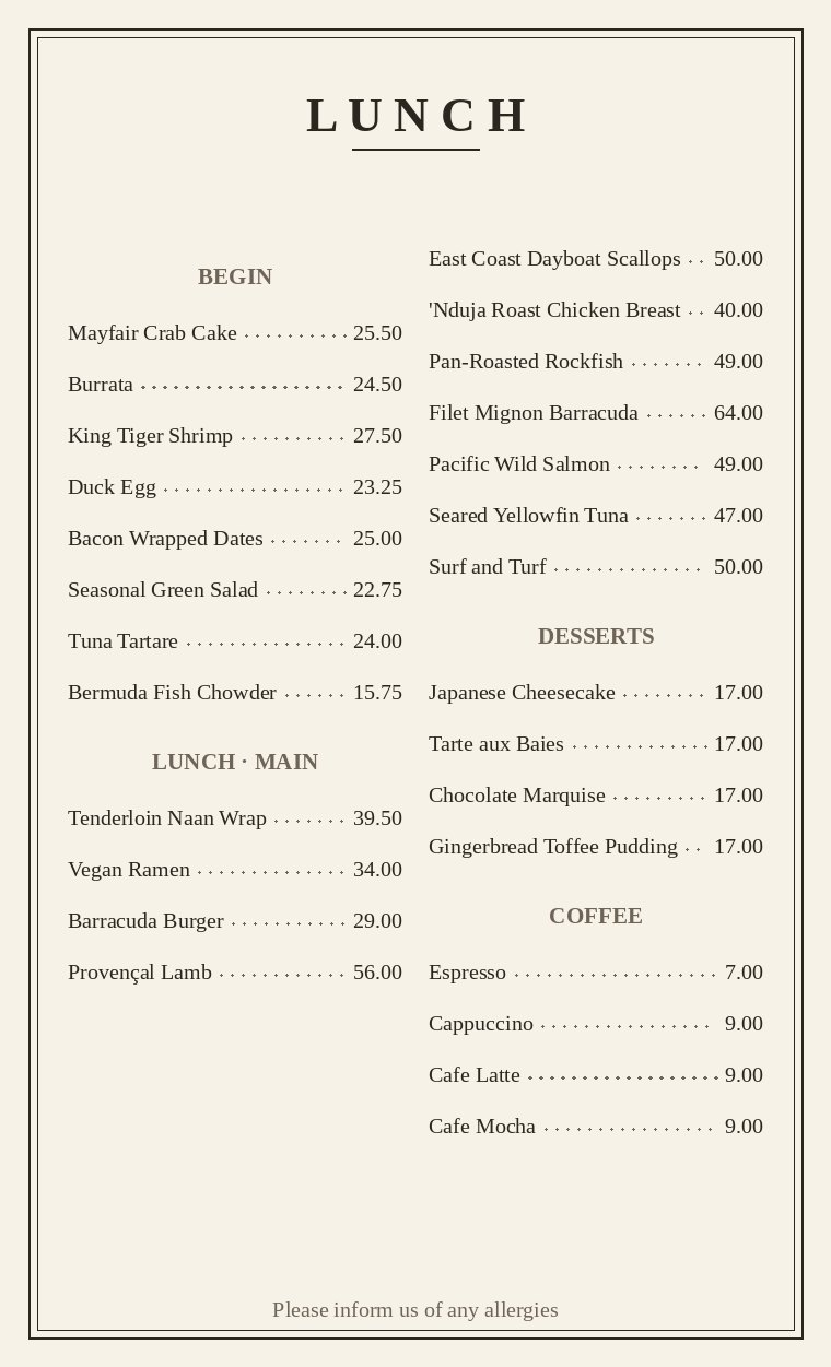 A text-only printed lunch menu